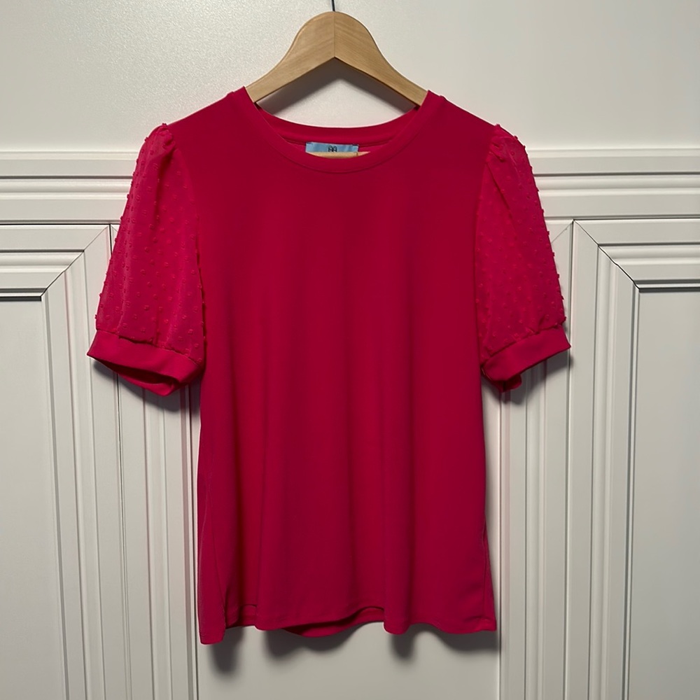 Hot pink CeCe blouse, sheet polka dot short puff sleeves. Like new!